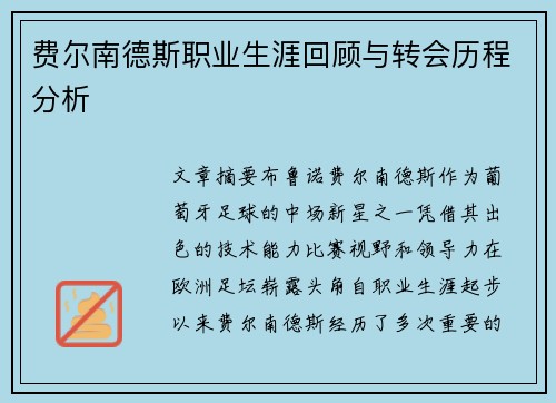 费尔南德斯职业生涯回顾与转会历程分析 费尔南德斯职业生涯回顾与转会历程分析